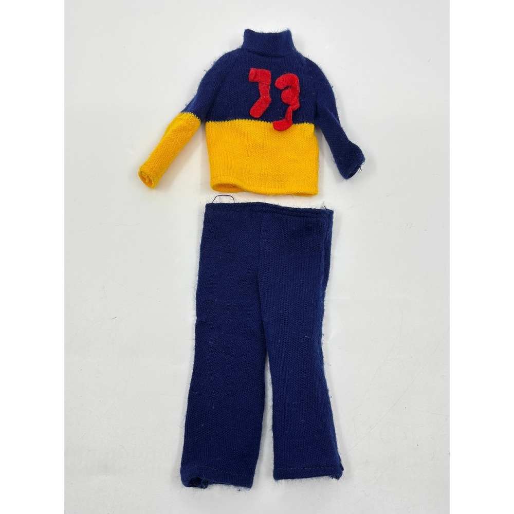 Vintage Ken Doll Outfit Navy Yellow Knit Sweater 72 Red Applique & Blue Pants